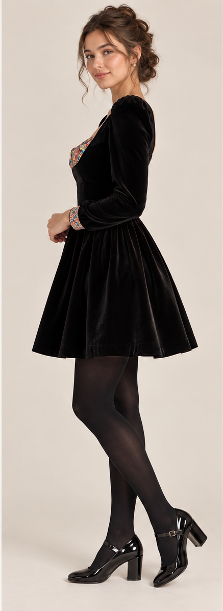 A woman modeling a black velvet swing dress with a flared skirt, long sleeves, and a small multicolor embroidered chest detail, paired with black tights and black heels against a light beige background.