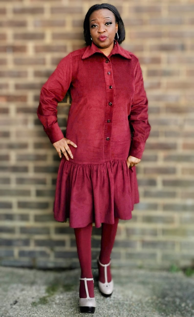 Loretta, Wine Corduroy Dress