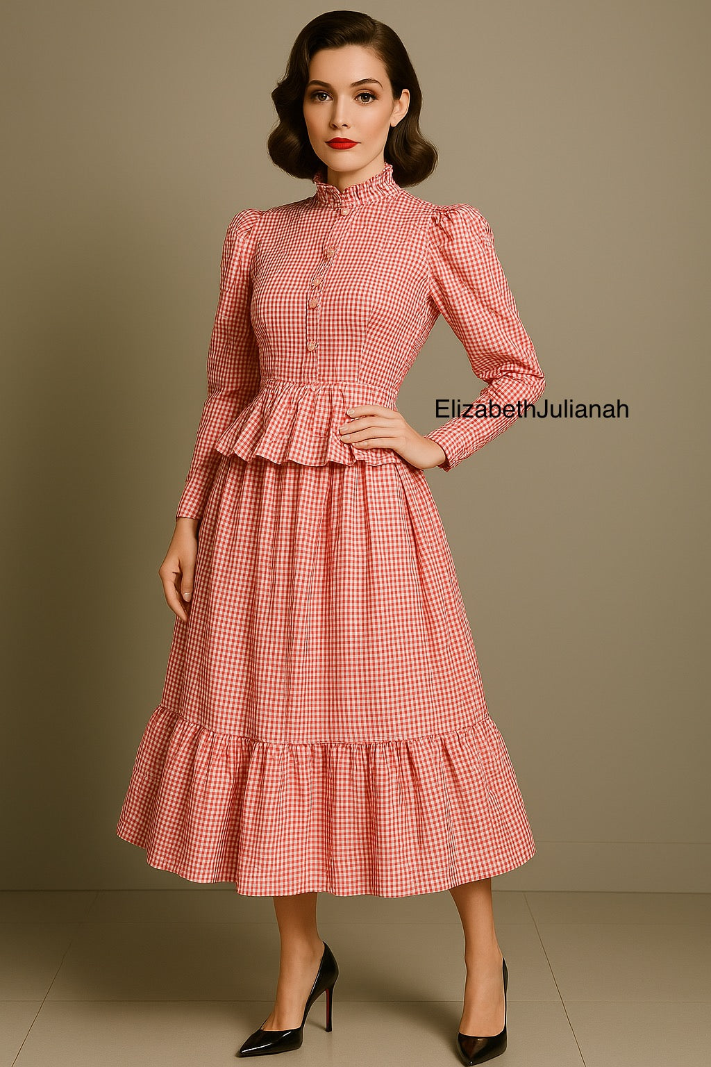1. Charlotte, Vintage Style Red Gingham skirt and blouse