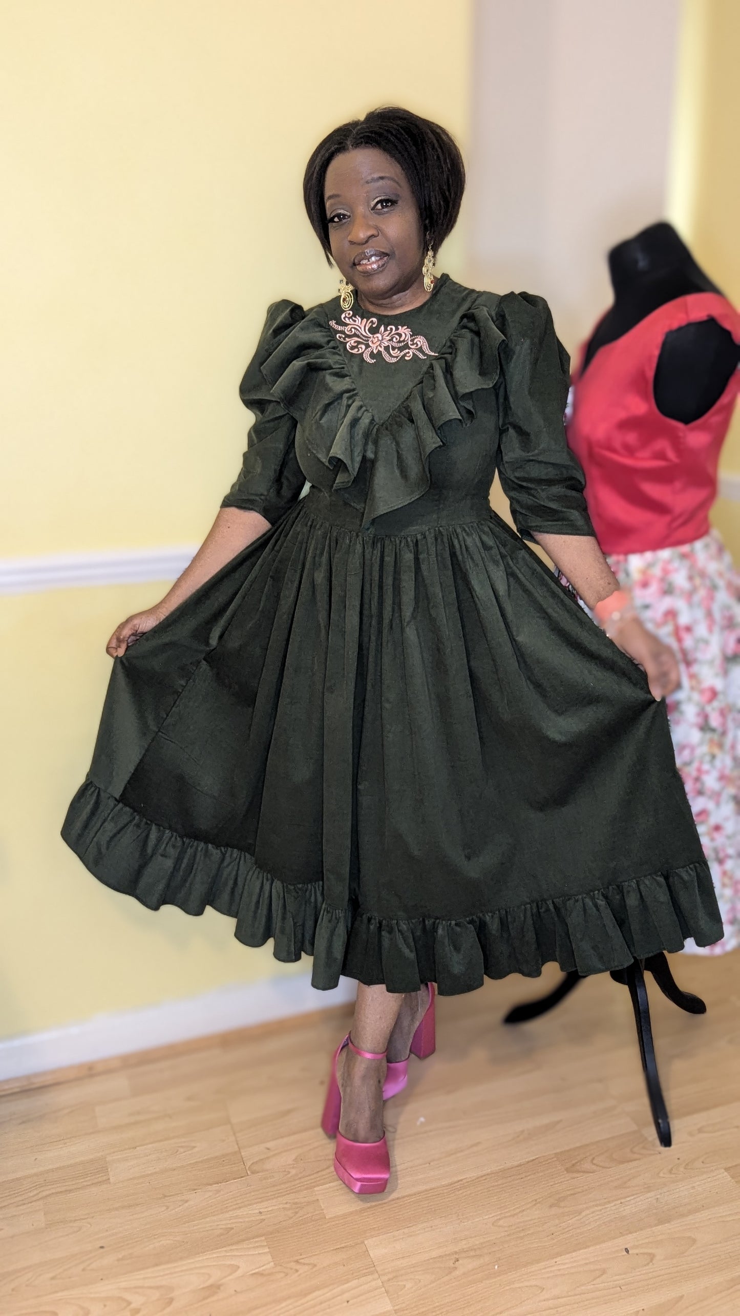 1970s, Green Corduroy Vintage Dress