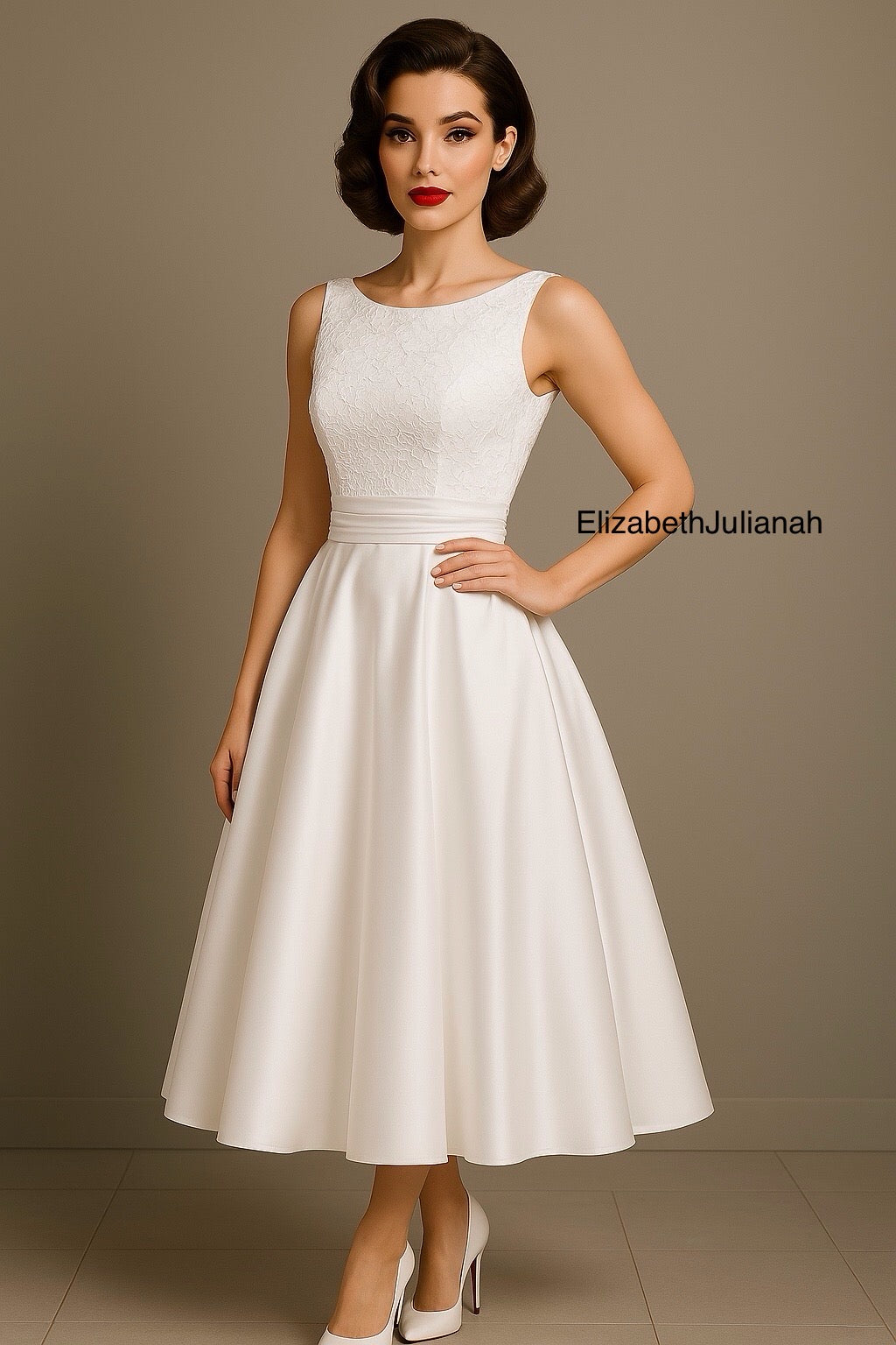 vintage inspired tea length wedding dresses 8815: Vintage-Inspired Champagne Tulle Bridal Gown 50s Inspired Tea Length Wedding
