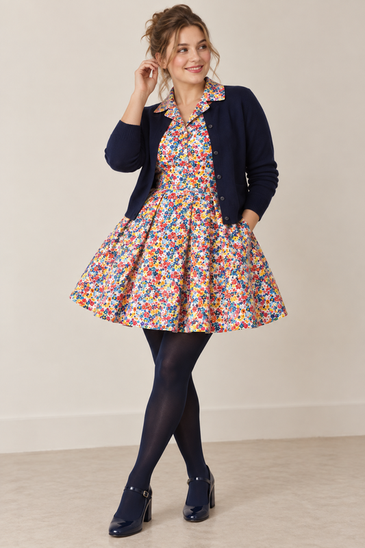 A woman models a retro-style floral print mini dress with a pleated skirt, styled with a navy blue cardigan, dark tights, and navy shoes against a neutral beige background.