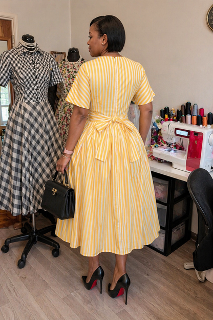 Woman in a yellow dress standing in a sewing room with mannequins and sewing equipment.