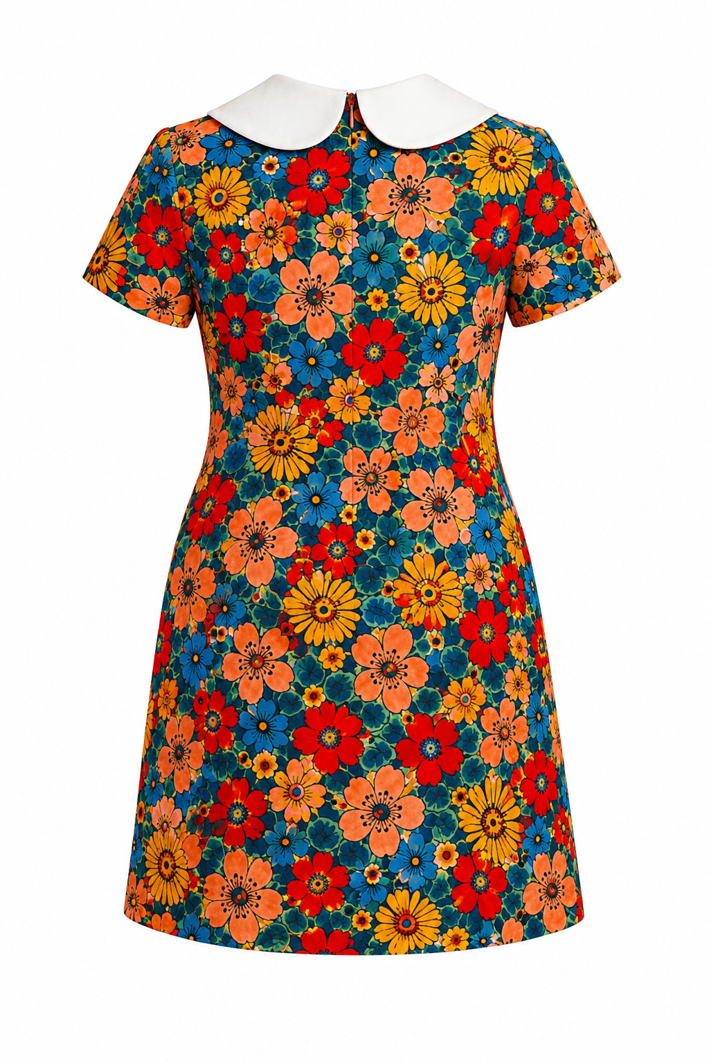 Colorful floral dress with a white collar on a white background