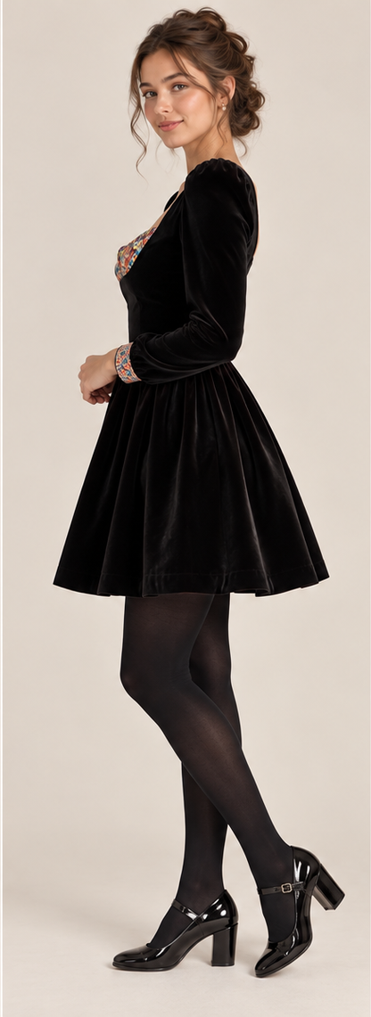 A woman modeling a black velvet swing dress with a flared skirt, long sleeves, and a small multicolor embroidered chest detail, paired with black tights and black heels against a light beige background.