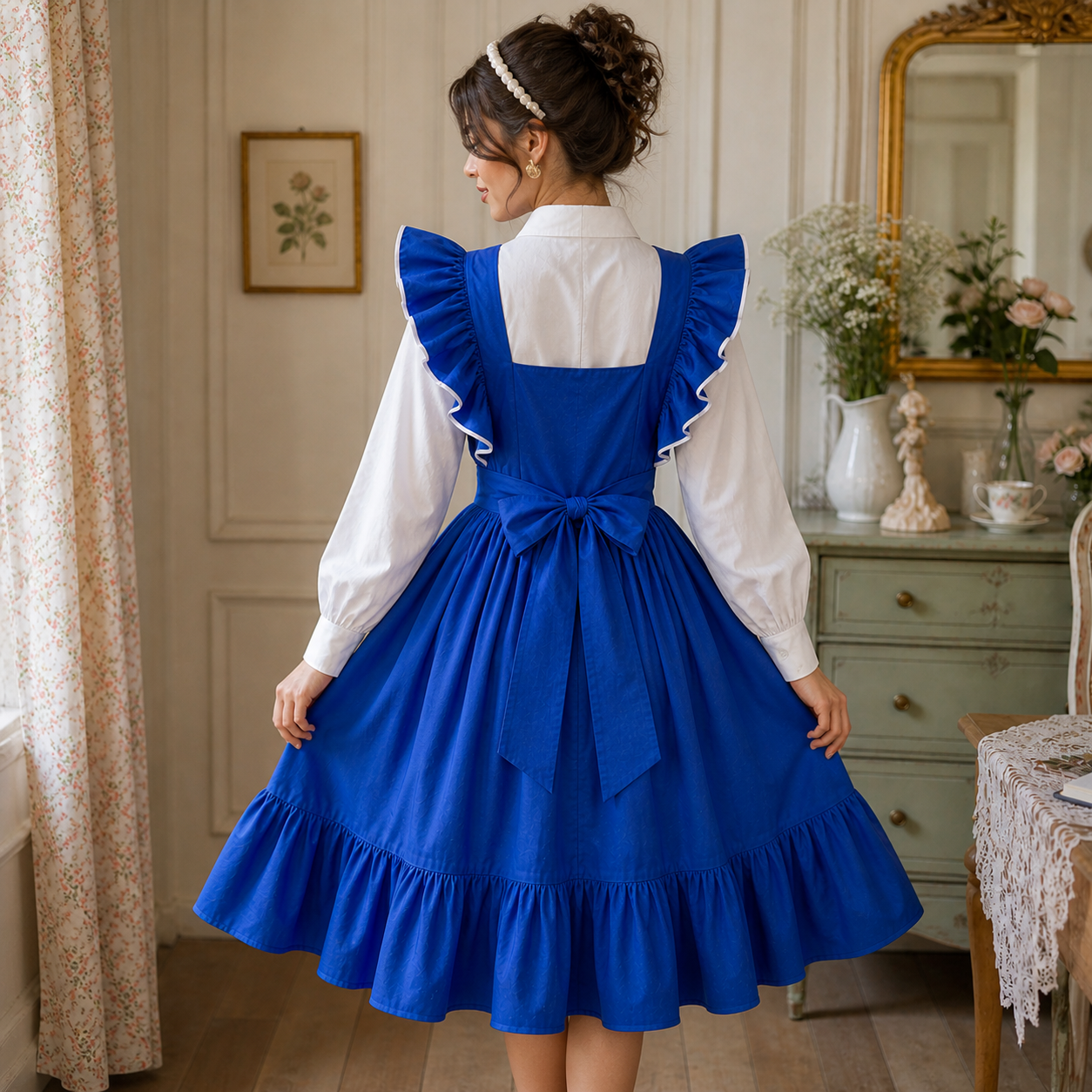 Woman wearing a blue dress with ruffled sleeves in an elegant room.