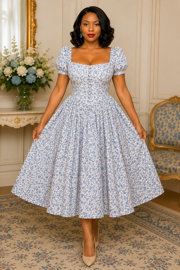 Woman wearing a blue floral dress in an elegant room with decorative elements.
