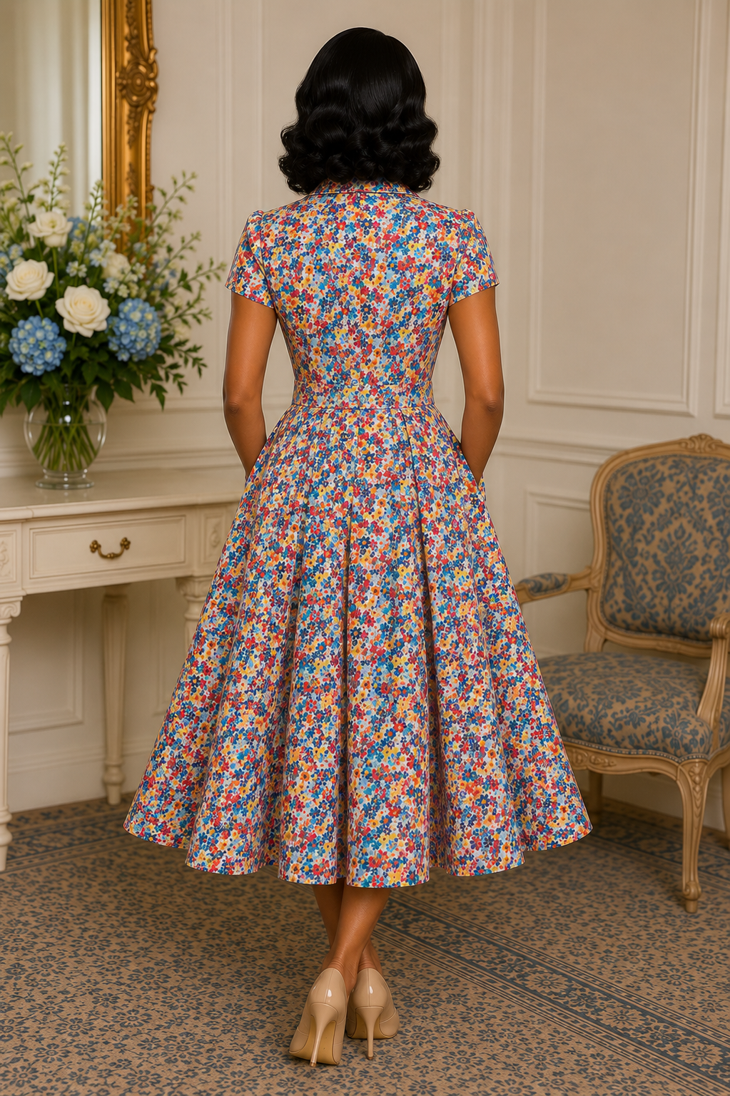 Woman wearing a colorful floral dress in an elegant room with a mirror and chair.