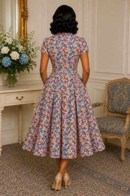 Woman wearing a colorful floral dress in an elegant room with a mirror and chair.