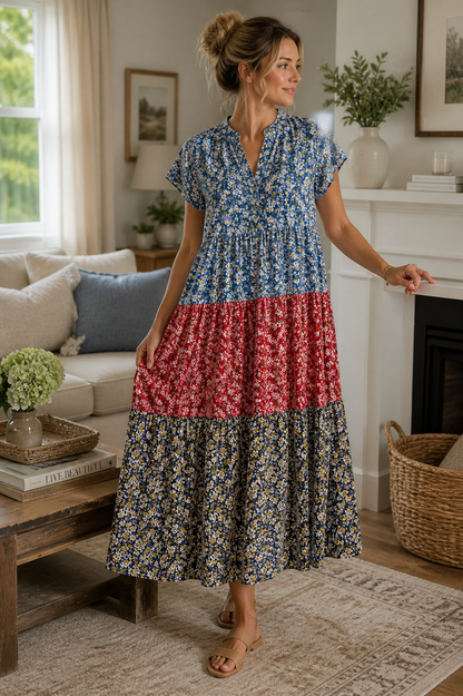 Woman wearing a floral dress in a living room setting