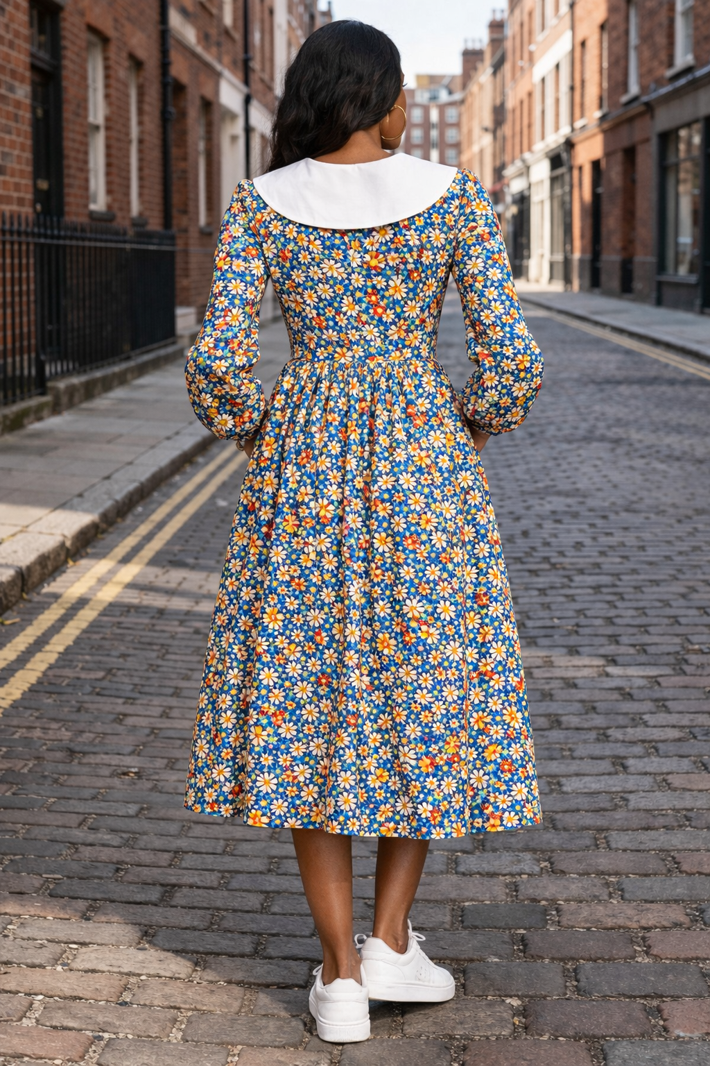Daisyfield|Blue Floral Midi Dress with white collar|Cotton Dress|Midi Dress