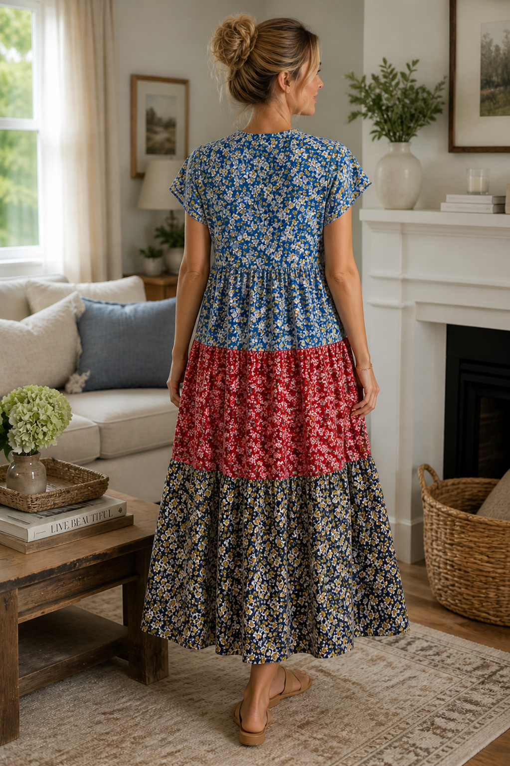 Woman wearing a floral dress in a living room setting