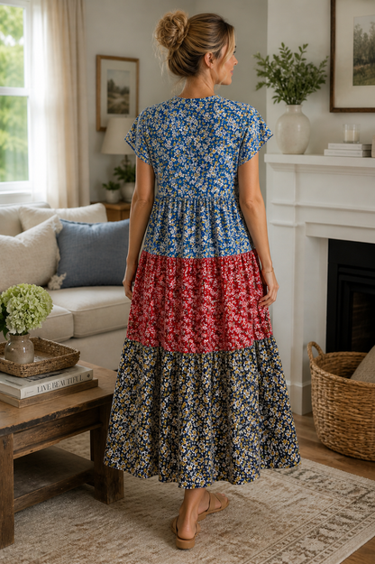 Woman wearing a floral dress in a living room setting