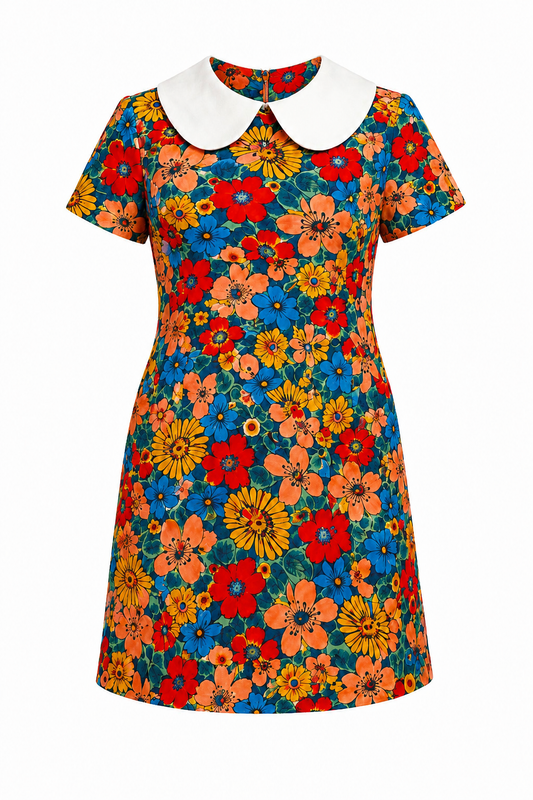 Colorful floral dress with a white collar on a white background