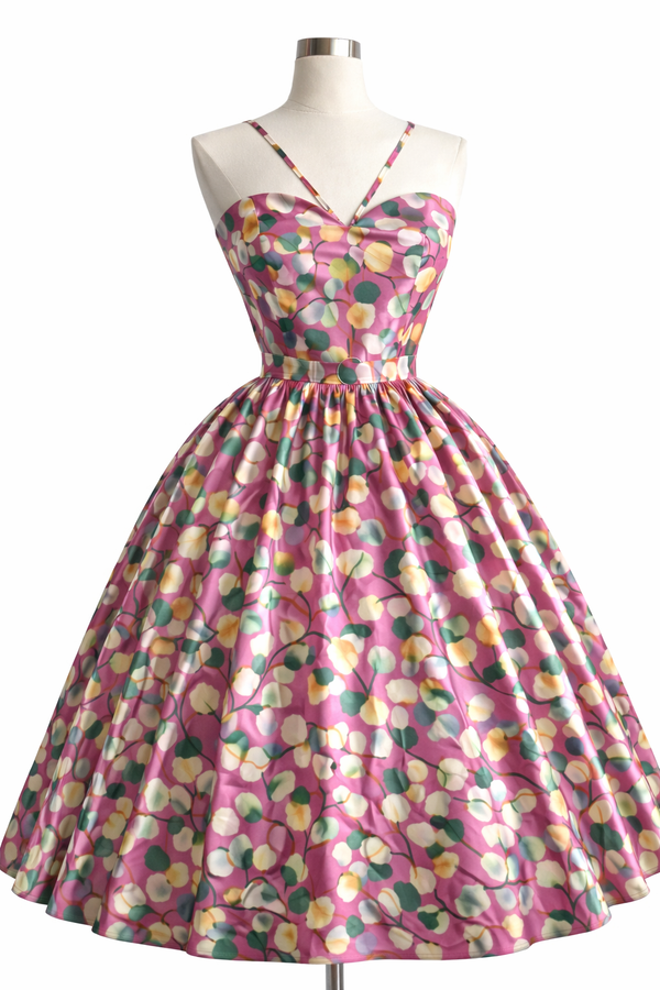 Pink satin tea length swing dress with sweetheart neckline - ElizabethJulianah