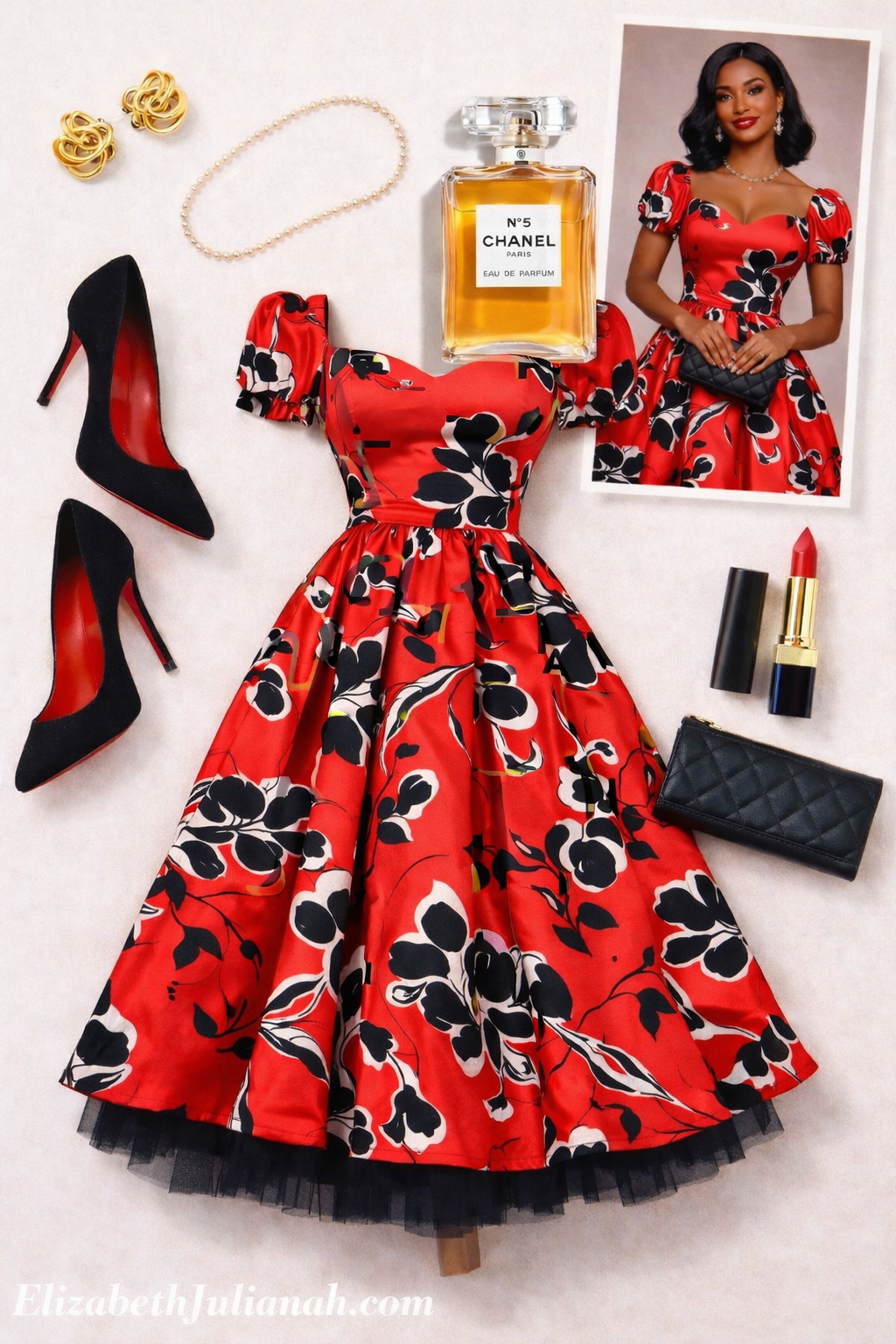 Vintage red satin tea dress with puff sleeves