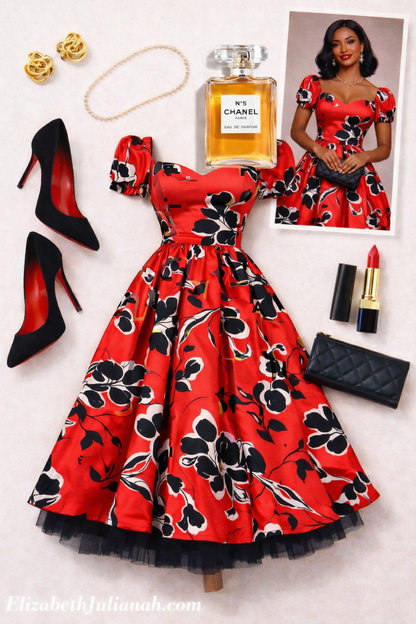 Vintage red satin tea dress with puff sleeves