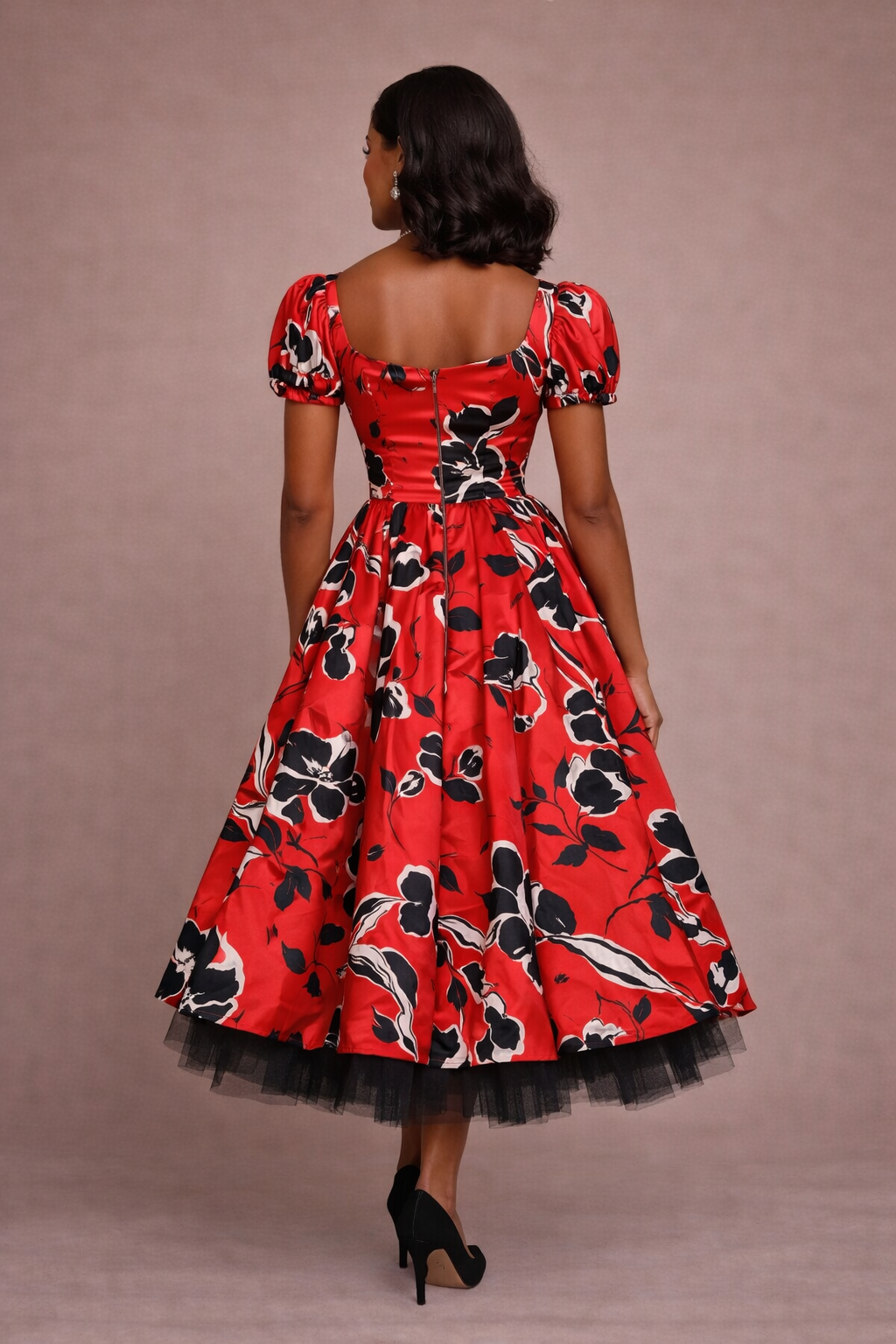 Vintage red satin tea dress with puff sleeves