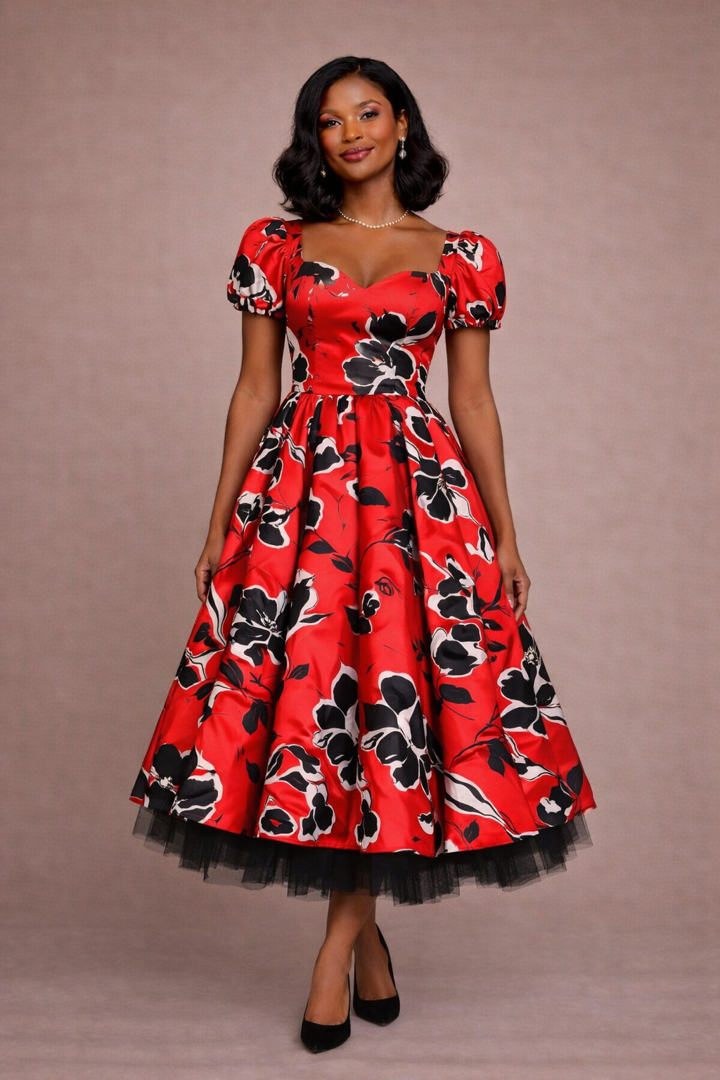 Vintage red satin tea dress with puff sleeves