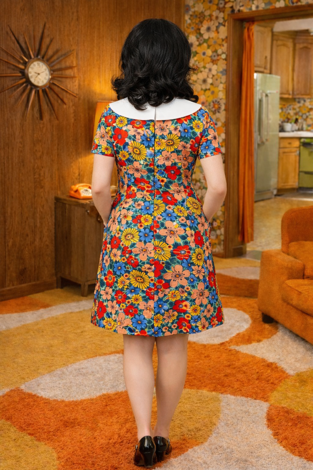 Woman wearing a colorful floral dress in a retro-style room with wooden walls and patterned carpet.
