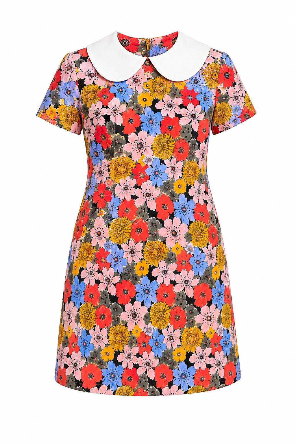 Colorful floral dress with a white collar on a white background