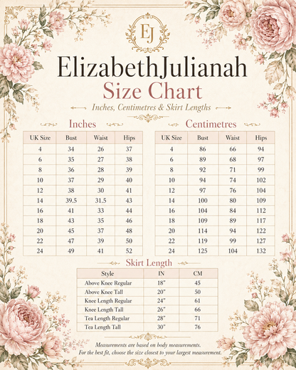 Size chart for clothing with floral design and 'EJ' branding