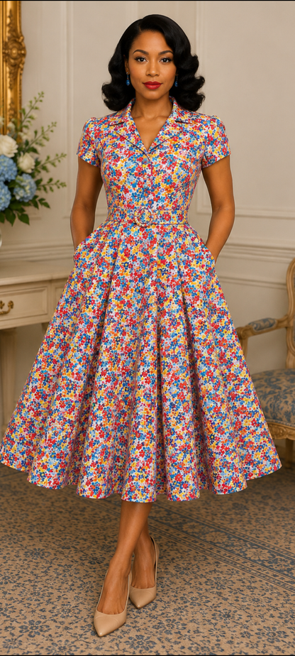 Woman wearing a colorful floral dress in an elegant room.
