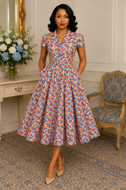 Woman in a colorful vintage-style dress standing in an elegant room with floral arrangement and chair.