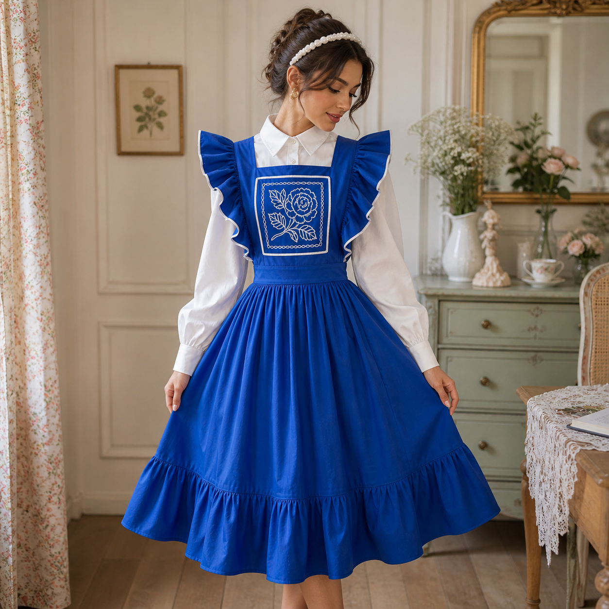 Woman wearing a blue dress with floral embroidery in a vintage room.