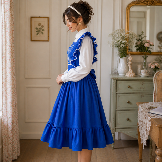 Woman in a blue dress standing in a room with a mirror and furniture.