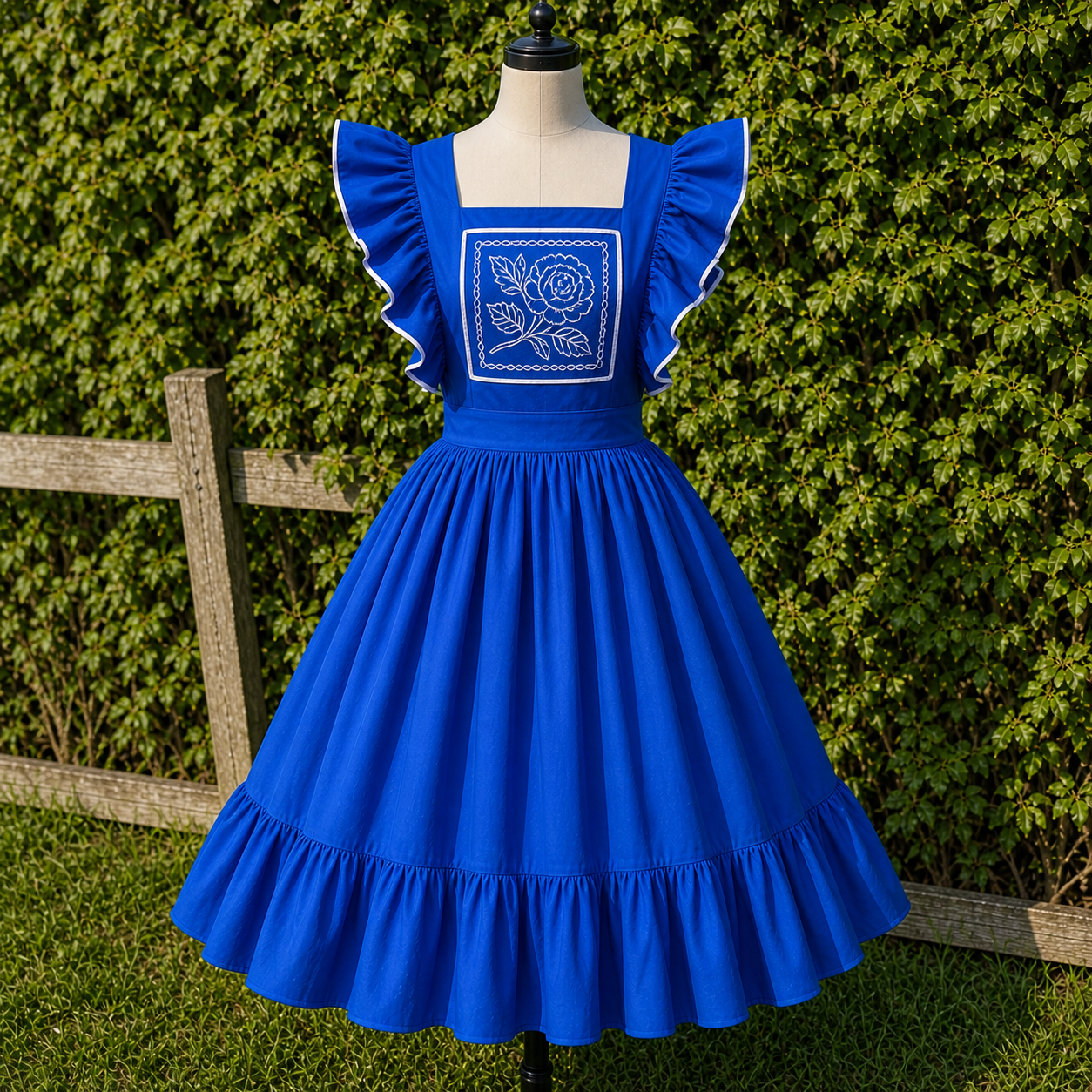 Blue dress with floral design on a mannequin against a green hedge background