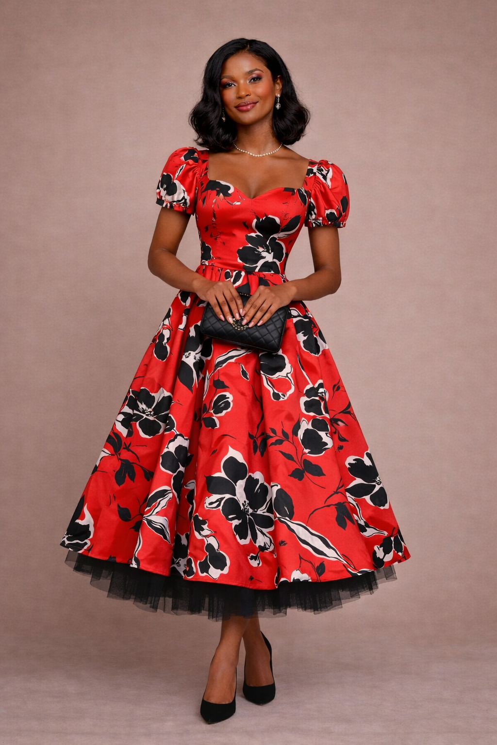 Vintage red satin tea dress with puff sleeves