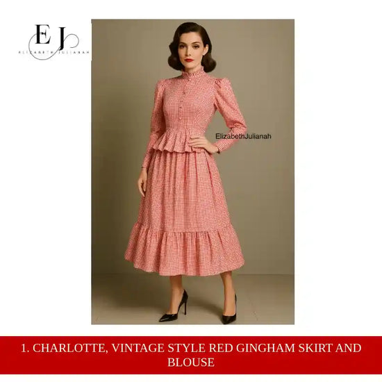 1. Charlotte, Vintage Style Red Gingham skirt and blouse by@Outfy