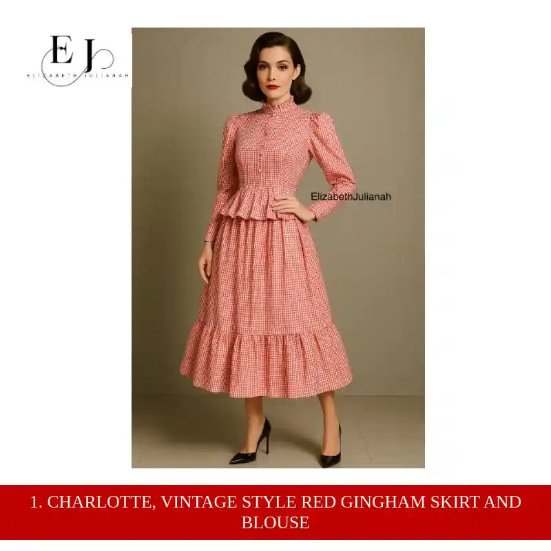 1. Charlotte, Vintage Style Red Gingham skirt and blouse by@Outfy
