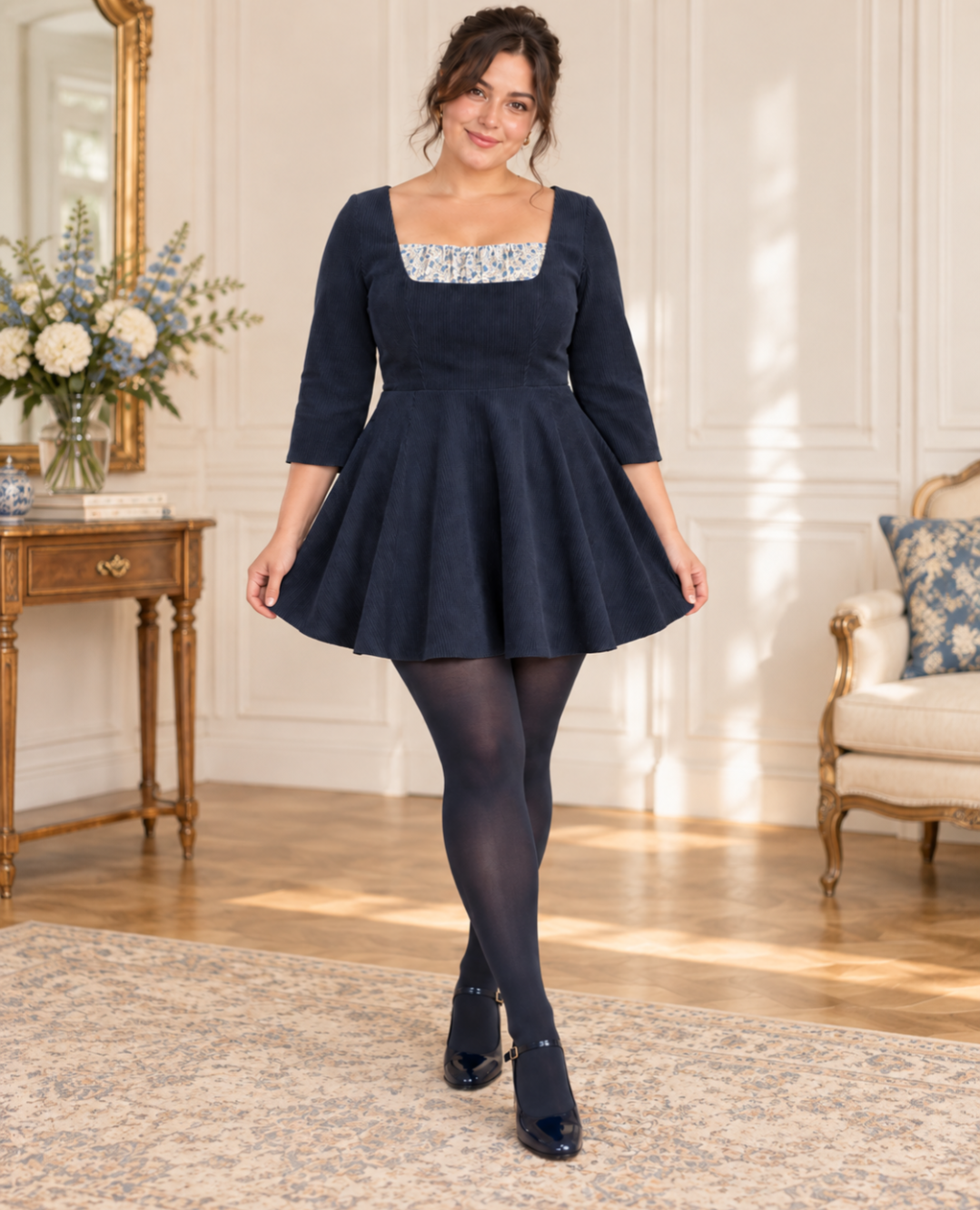 Navy Corduroy Mini Dress|Vintage Style Dress| Shelf bust Dress