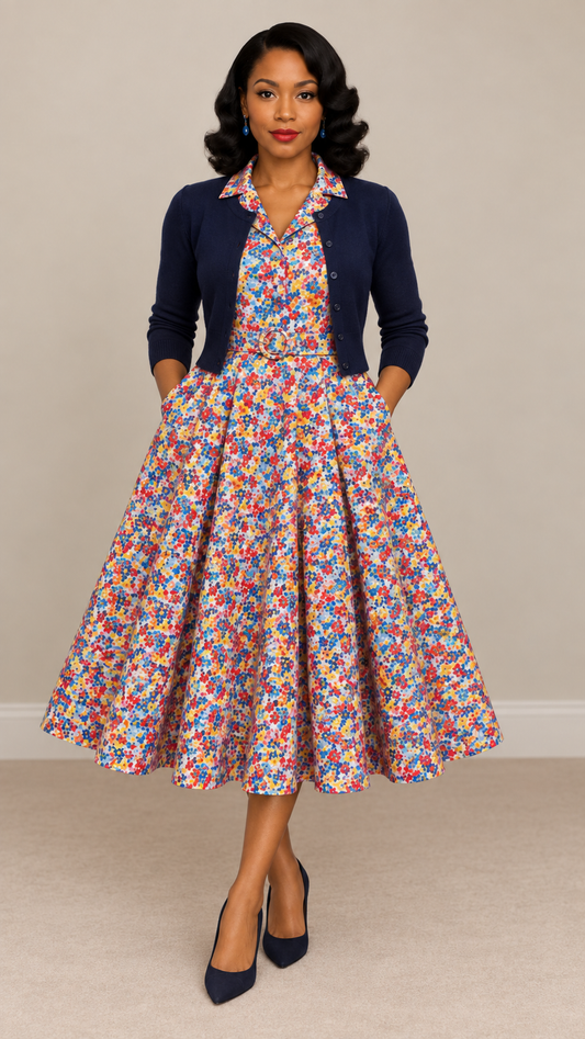 1960s Floral Tea Dress – Vintage Inspired Belted Day Dress (Handmade in England)Kensington Tea Dress