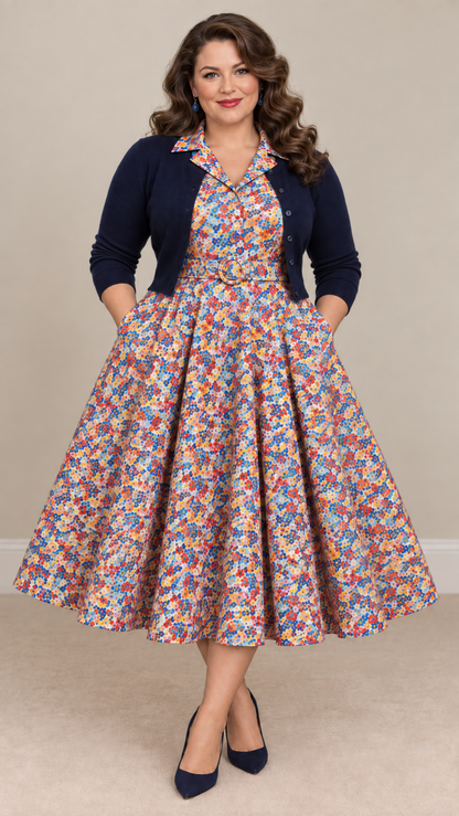 1960s Floral Tea Dress – Vintage Inspired Belted Day Dress (Handmade in England)Kensington Tea Dress