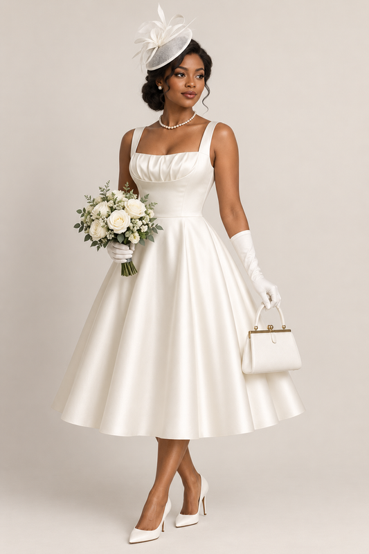 Grace, Duchess Satin Bridal Dress, Vintage inspired Wedding Dress, Tea Length Registry wedding