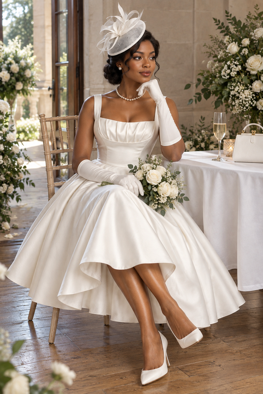 Grace, Duchess Satin Bridal Dress, Vintage inspired Wedding Dress, Tea Length Registry wedding